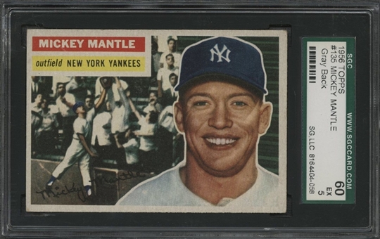 1956 Topps #135 Mickey Mantle, Gray Back - SGC 60 EX 5